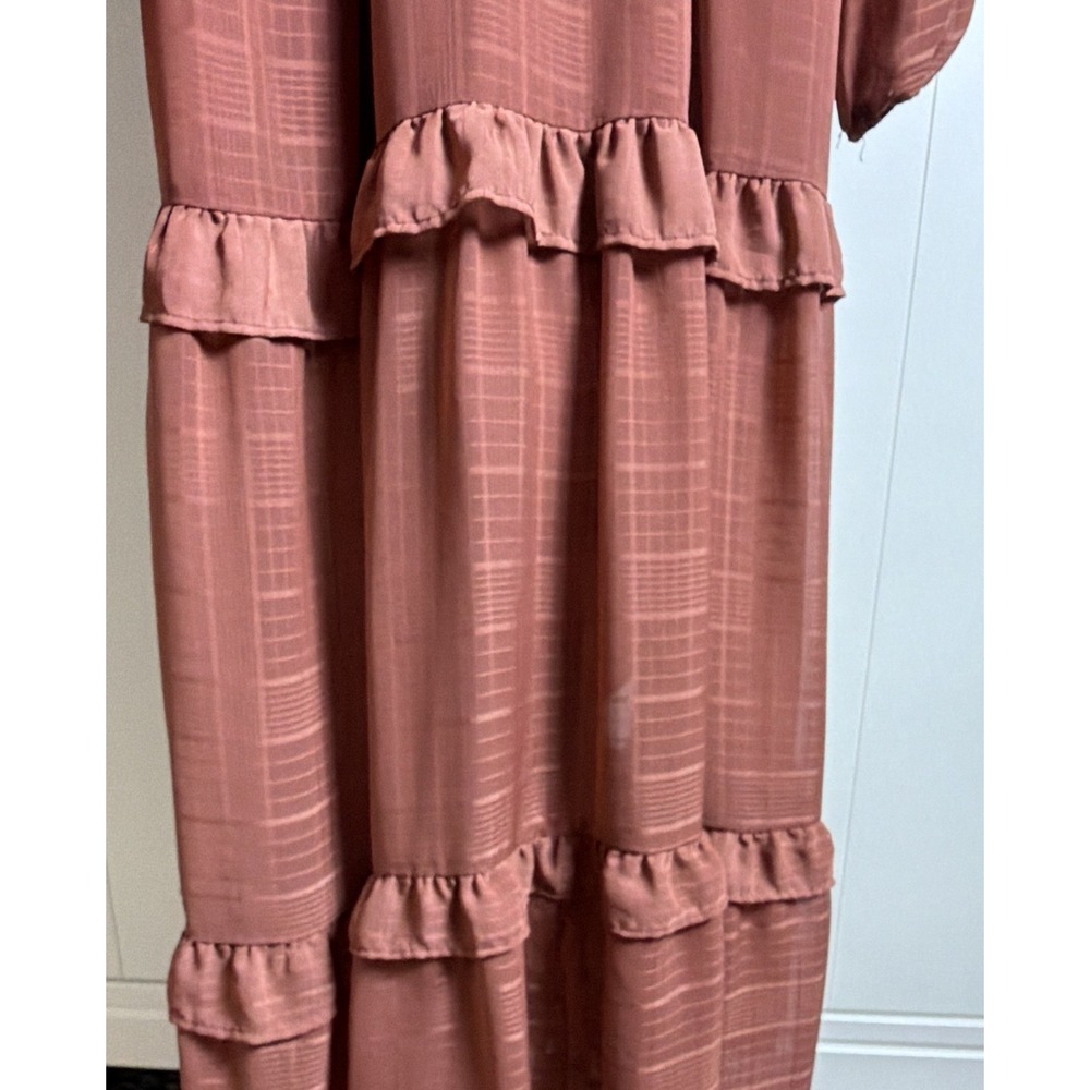 Women's Fall Boho Gypsy Rust Pink LS Smocked Ruffle V-Neck Midi Dress Size S - Picture 5 of 7